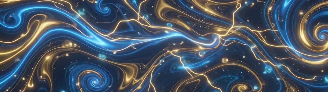 Swirling blue and gold light creating a universe pattern Celestial particles and luminous lines forming cosmic shapes and textures.