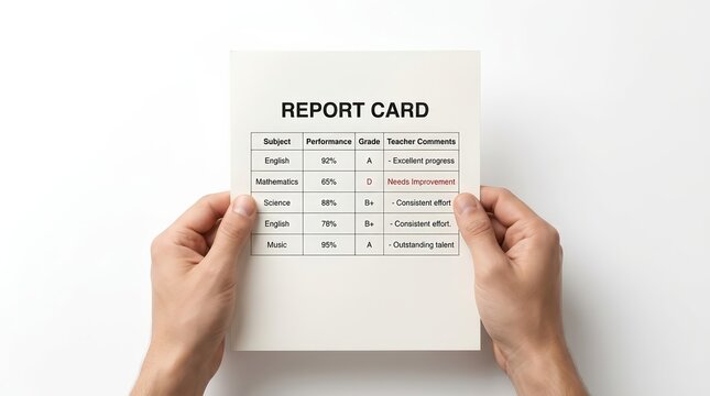 Hand holding a school report card with grades for English, math, science, and music.