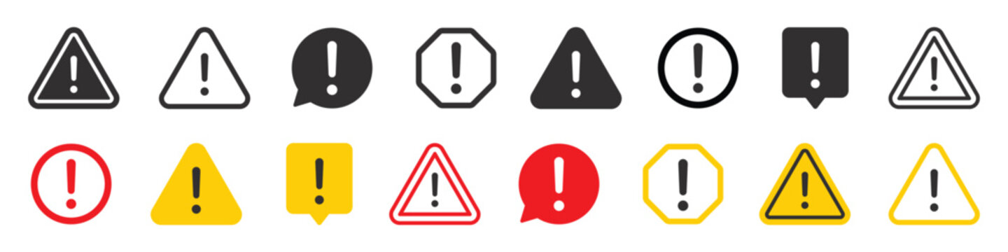 Warning and exclamation mark, various shapes and colors for alert, danger, and notification signs