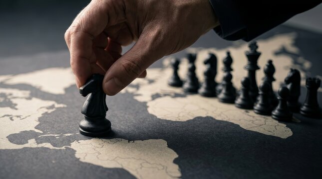 A hand placing a chess piece on a world map to represent global business expansion.