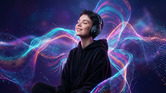 Immersive audio platform concept featuring a woman with headphones and digital sound waves.