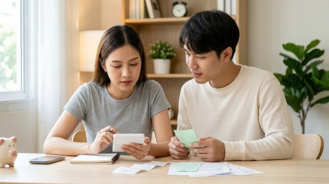 Young Asian man and woman budgeting their finances and calculating expenses at home.