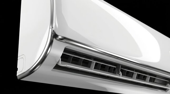 A sleek white split air conditioning unit featuring metallic trim details.