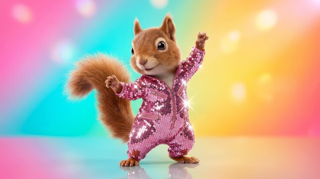 Funny animal wearing a sparkly pink sequin jumpsuit dancing in a whimsical style.
