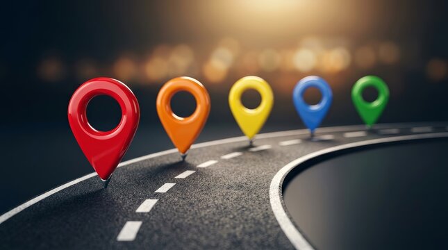 Business growth and life strategy planning illustrated by colorful pins on a winding road.