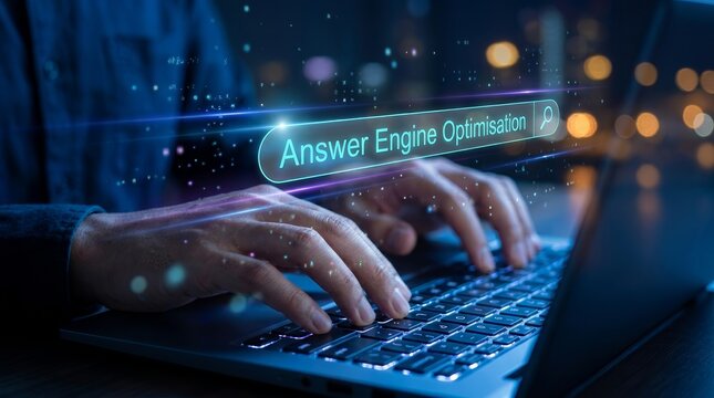 A digital concept of Answer Engine Optimisation being searched on a computer