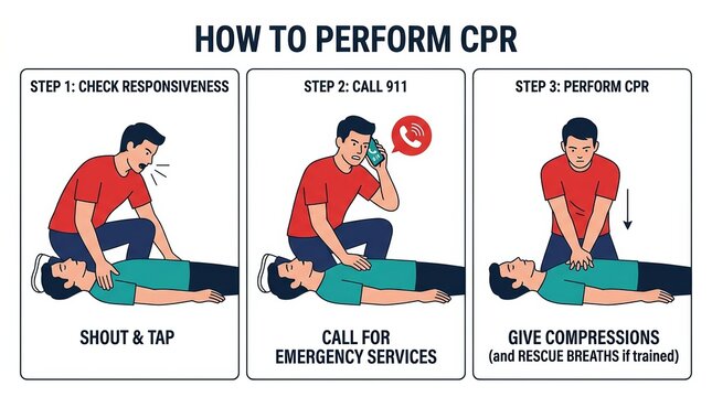 Basic life support instructions and a step-by-step guide for performing CPR.