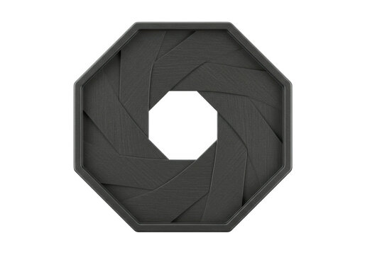 extreme close-up of a high-precision camera lens iris mechanism with eight matte dark grey metal blades creating a sharp octagonal aperture, floating on a stark white background. concept of optical