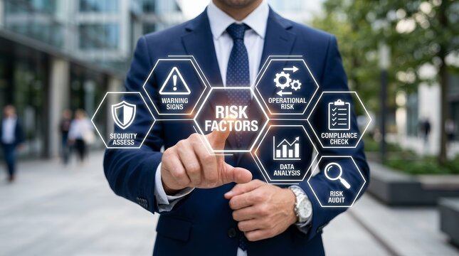 A concept of risk factors analysis using futuristic technological icons.