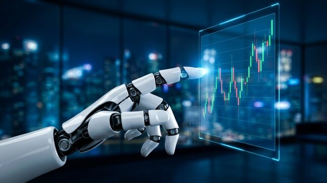 Robotic hand interacting with digital data points and an ascending stock market graph in a technology setting.