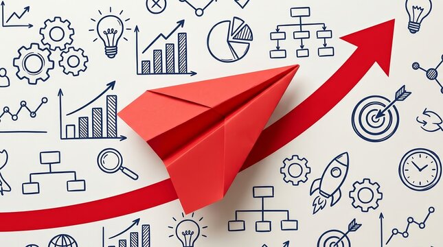 Business growth concept featuring a red paper airplane flying upwards along a red arrow.