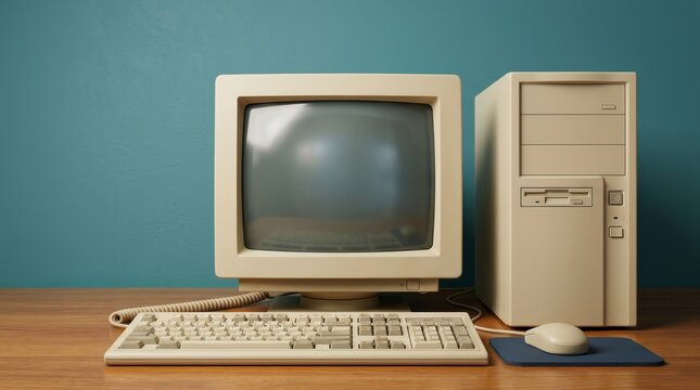 Classic retro computing equipment with a beige computer tower, CRT monitor, and keyboard.