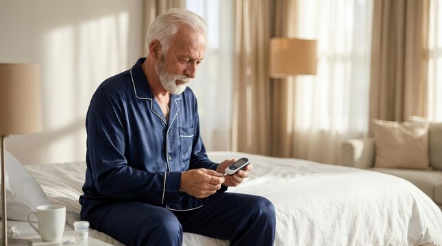 Senior person performing diabetic health control as part of a morning routine.