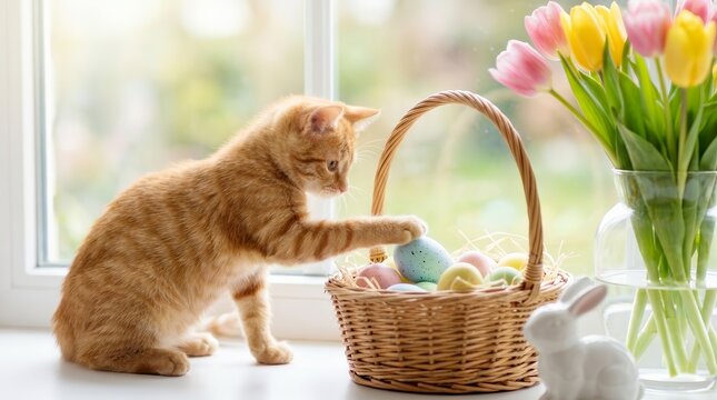 Curious orange tabby cat exploring a spring Easter egg basket by bright tulips.