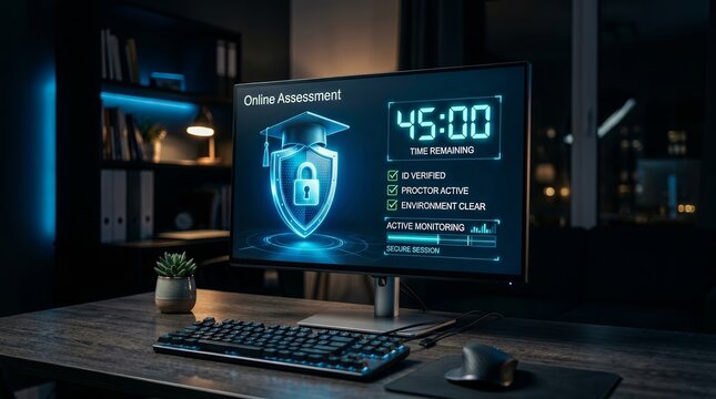 Remote learning technology featuring a secure exam interface with integrity verification on a monitor.
