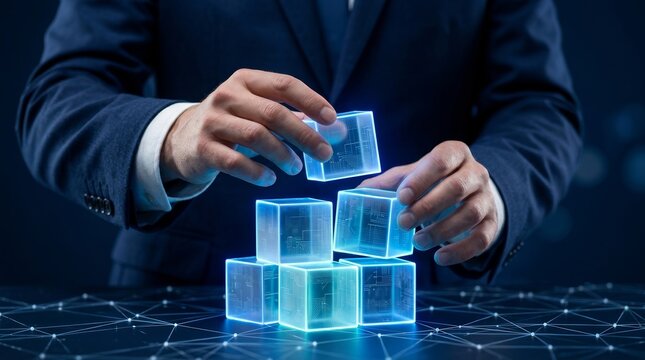 A professional in a suit building a transparent digital cube stack for an AI platform.