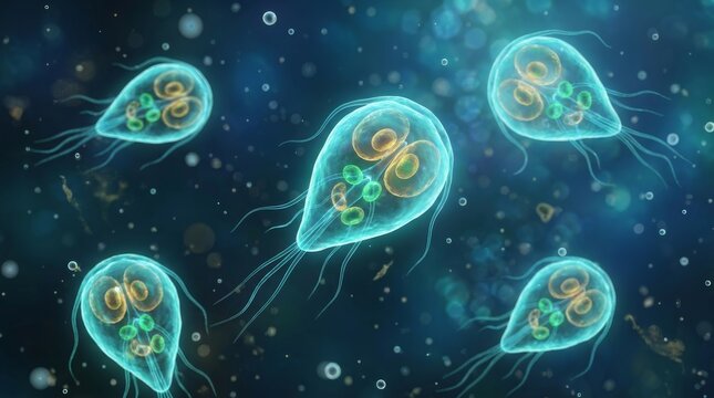 Microscopic view of Giardia lamblia protozoan parasite featuring multiple flagella