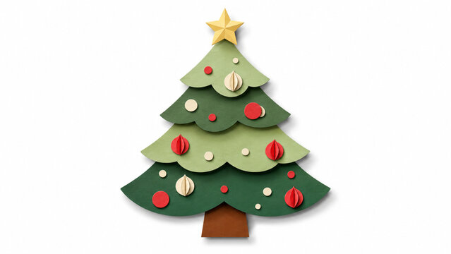 Paper Craft Christmas Tree Flat Lay with Ornaments on White Background