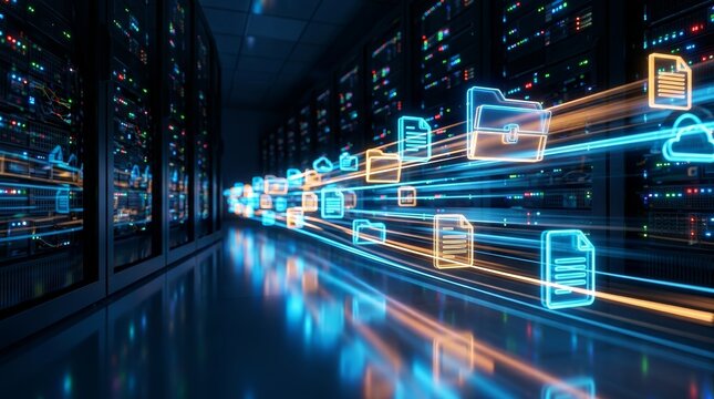Secure data management and cloud storage solutions symbolized by digital files and folders in a server room.