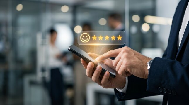 Excellent customer satisfaction symbolized by five stars and a happy emoji on a mobile phone screen.