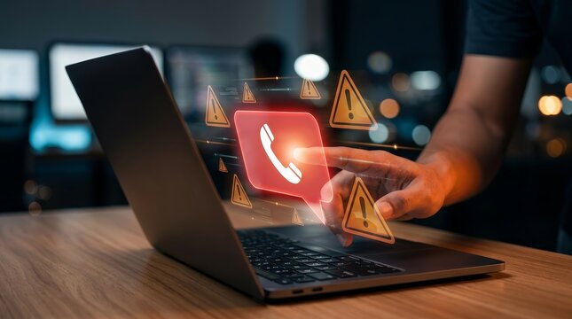 Urgent communication technology featuring a red warning notification and touch interface on a laptop.