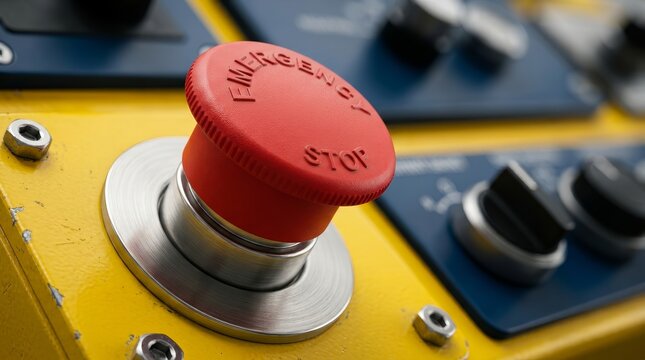 Close-up of a machine control system emergency stop button as a risk prevention concept.