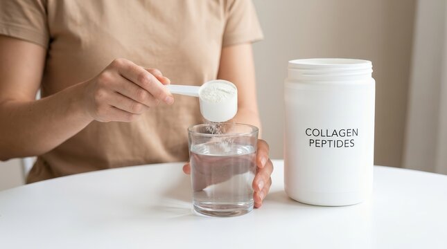 A person measuring collagen supplement powder with a scoop into water for hydration.
