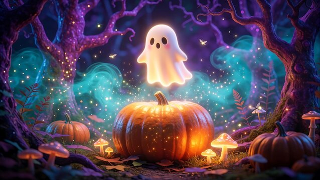 Cute pixel art ghost floating above a pumpkin in a forest
