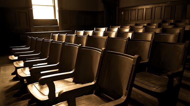 Empty courtroom with rows of brown leather seating facing forward