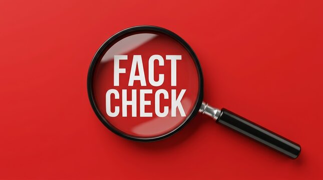 Misinformation detection and media literacy concept featuring a magnifying glass focusing on fact check words.