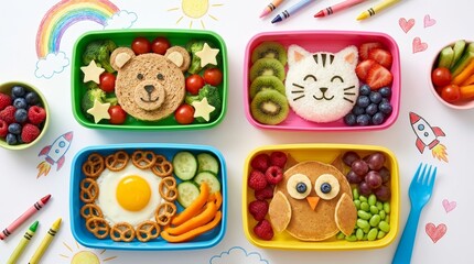 Fototapeta premium Healthy school lunch ideas for kids featuring cute animal themed bento boxes.