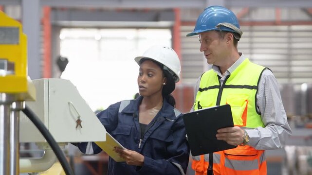 Two industrial professionals in safety gear discuss machinery and review inspection data during a quality control audit inside a modern factory.