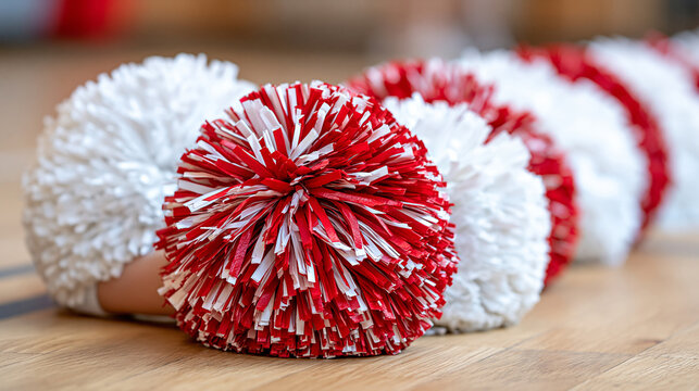 Red and white cheerleading pom-poms arranged on a wooden floor, sports spirit, team support, pep rally concept, soft defocused background, with copy space