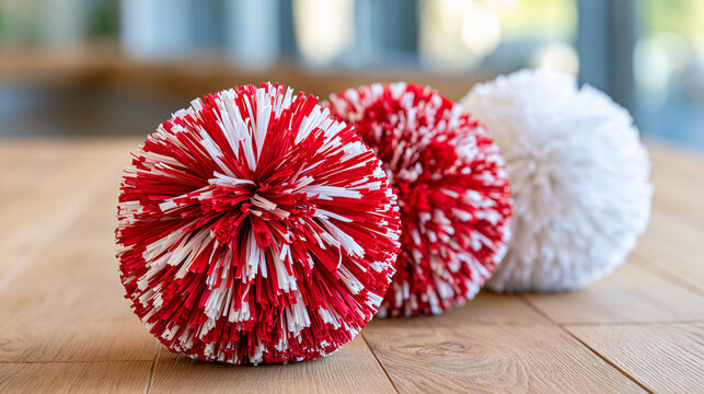 Red and white cheerleading pom-poms arranged on a wooden floor, sports spirit, team support, pep rally concept, soft defocused background, with copy space