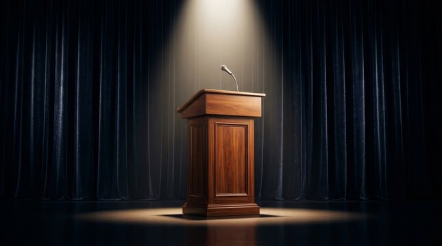 A wooden speaker platform with a microphone awaits a presentation in a formal auditorium.