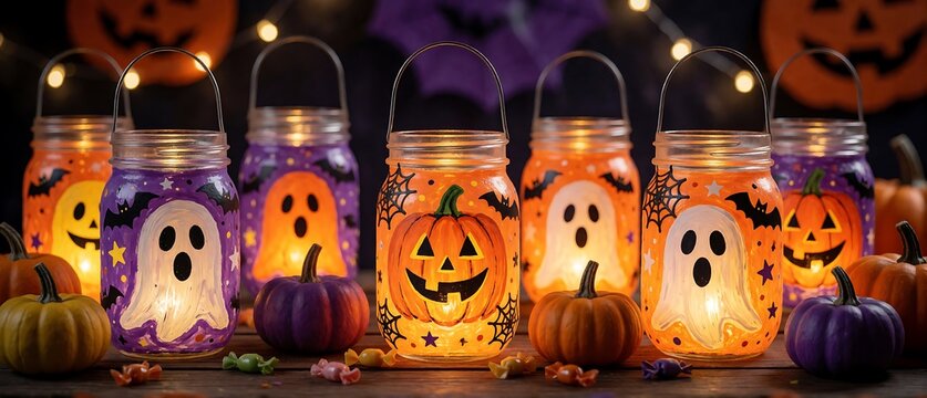 Glowing halloween mason jar lanterns with ghosts and pumpkins
