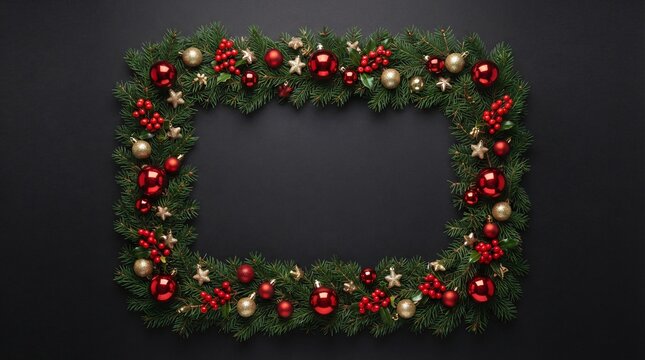 A festive rectangular Christmas wreath with red ornaments gold stars and holly berries on black