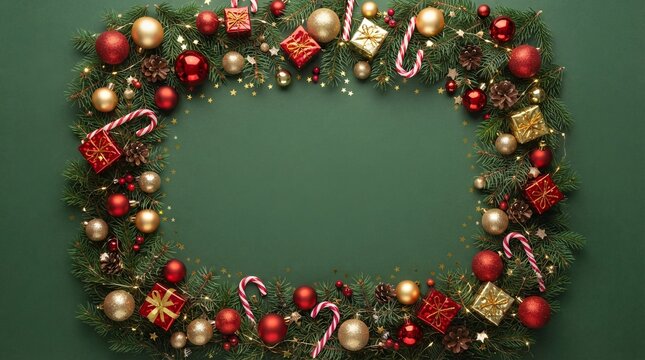 A festive Christmas wreath frame composed of pine branches and ornaments on a deep green background