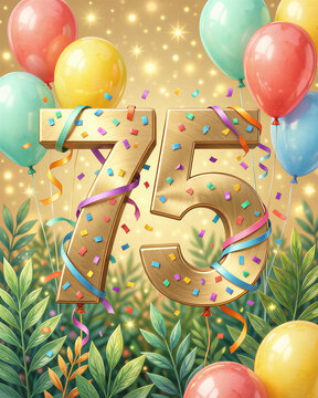 Gold 3d number seventy five with colorful confetti and ribbons surrounded by balloons.