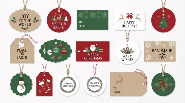 A collection of various decorative holiday gift tags featuring festive themes and Christmas illustrations