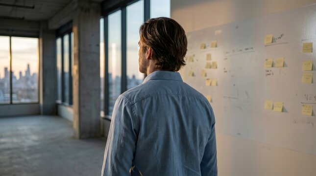 Over-the-shoulder view of a professional reviewing yellow sticky notes on a bare whiteboard in a desolate office.