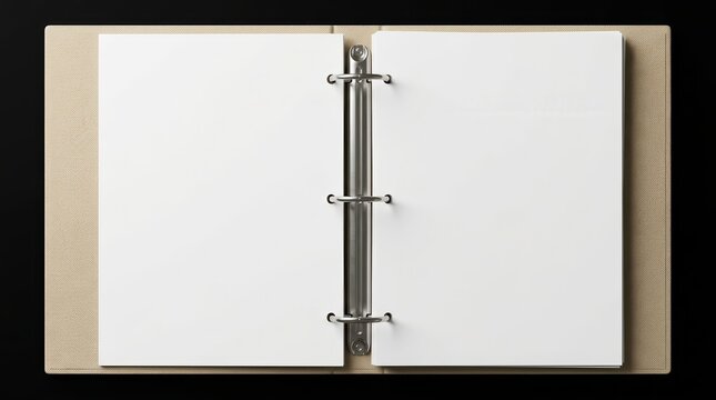 Blank white ring binder featuring three metal rings and empty pages for custom text.