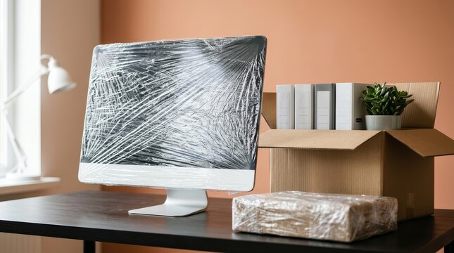 Workspace transition featuring packed cardboard boxes and a computer monitor wrapped in protective plastic.