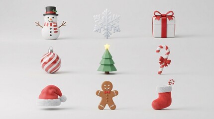Naklejka premium A collection of cute three dimensional icons representing classic Christmas themed objects