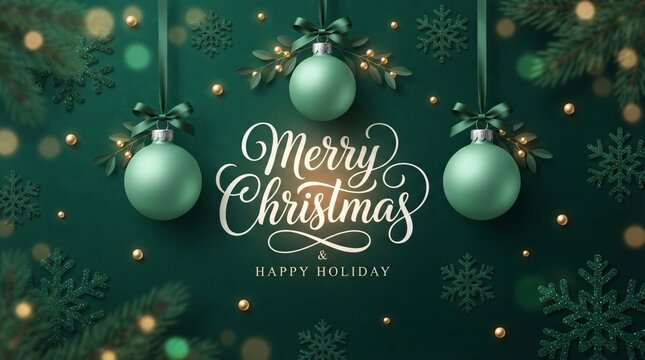 Elegant teal holiday ornaments hanging against a deep green textured backdrop with festive snowflakes