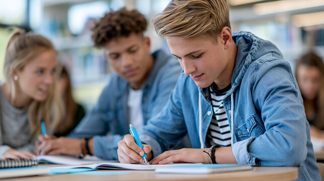 Teenage students collaborating on homework and research in a vibrant modern school library, education, teamwork, academic success, youth lifestyle, with copy space