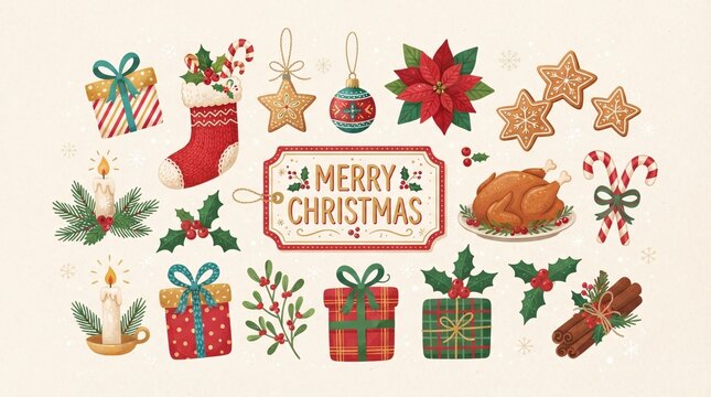 A festive collection of various Christmas themed watercolor illustrations on a light background