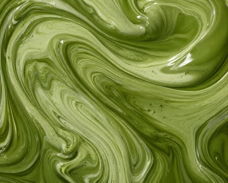 Marbled matcha cream swirl flowing in smooth green tea waves, abstract glossy macro texture with soft organic movement and caf&eacute;-inspired mood for clean girl matcha, matcha lifestyle and calm energy