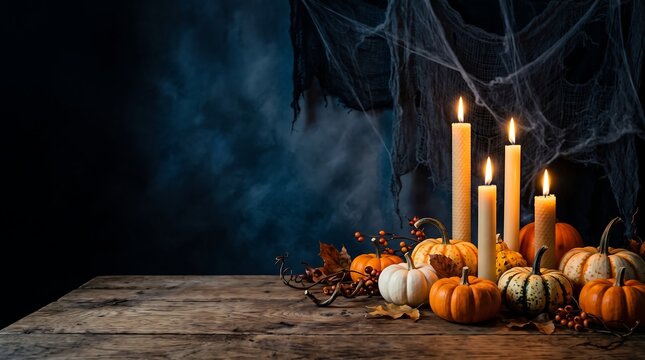 A dark and moody halloween background featuring glowing candles and assorted pumpkins arranged on a rustic wooden table with cobwebs in the dim spooky atmosphere