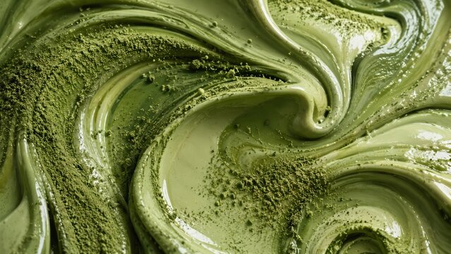 Matcha powder scattered over glossy green tea cream with rich marbled swirls, tactile macro food texture and modern wellness mood for matcha aesthetic, ceremonial matcha and soothing matcha ritual